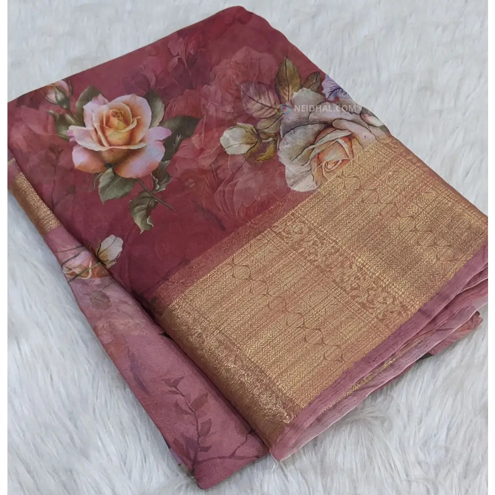 CODE WS779: Maroon fancy organza saree zari woven double side borders,floral prints all over printed pallu with tassels