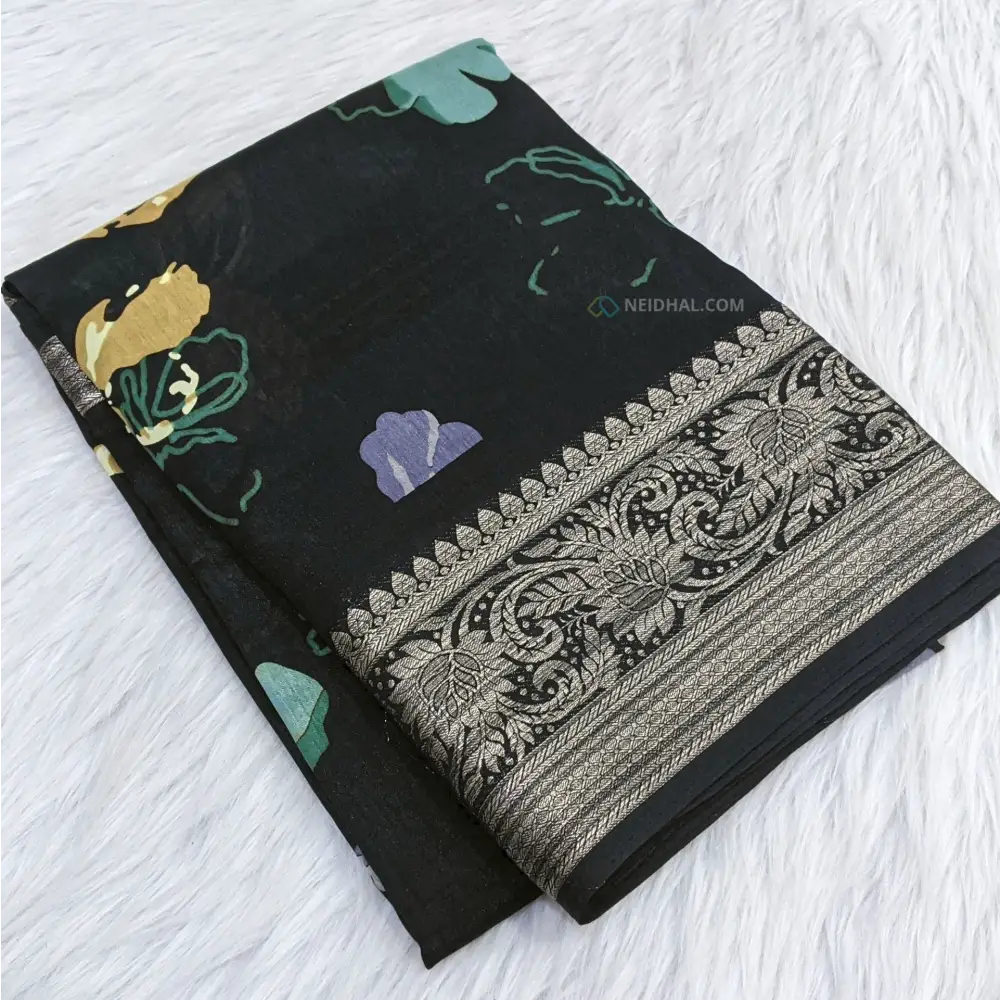CODE WS816: Black fancy dola silk saree(silky and light weight),fancy zari woven double side borders abstract floral