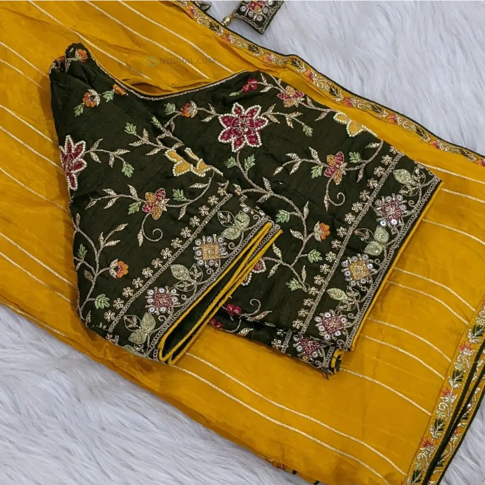 CODE WS880: Dark fenugreek yellow organza silk saree pallu with fancy tassels dark olive green readymade