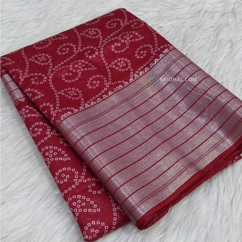 CODE WS955: Reddish maroon bandhani printed fancy silk cotton saree with silver zari woven double side borders zari