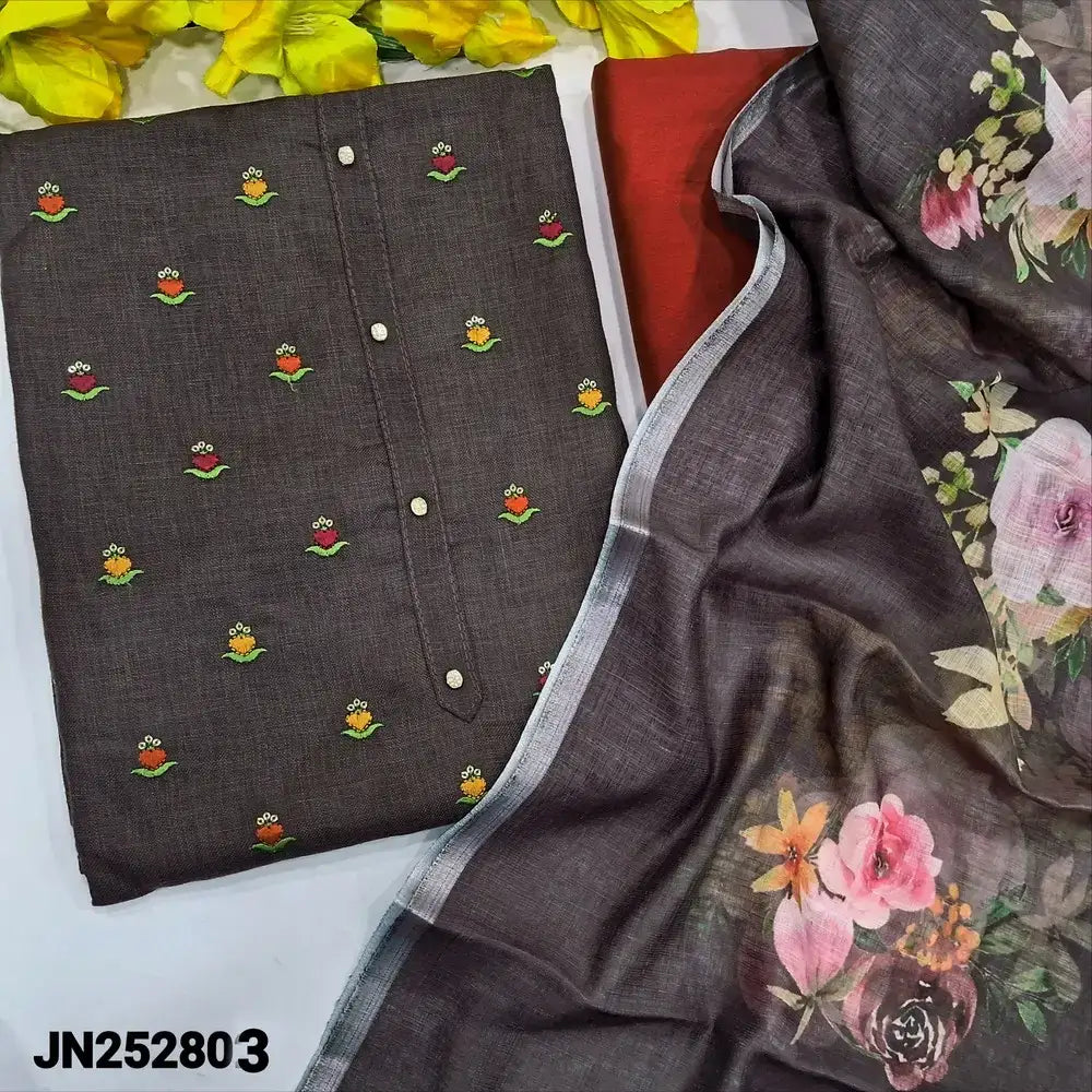 Coffee brown embroidered semi linen salwar material jn252803-Neidhal