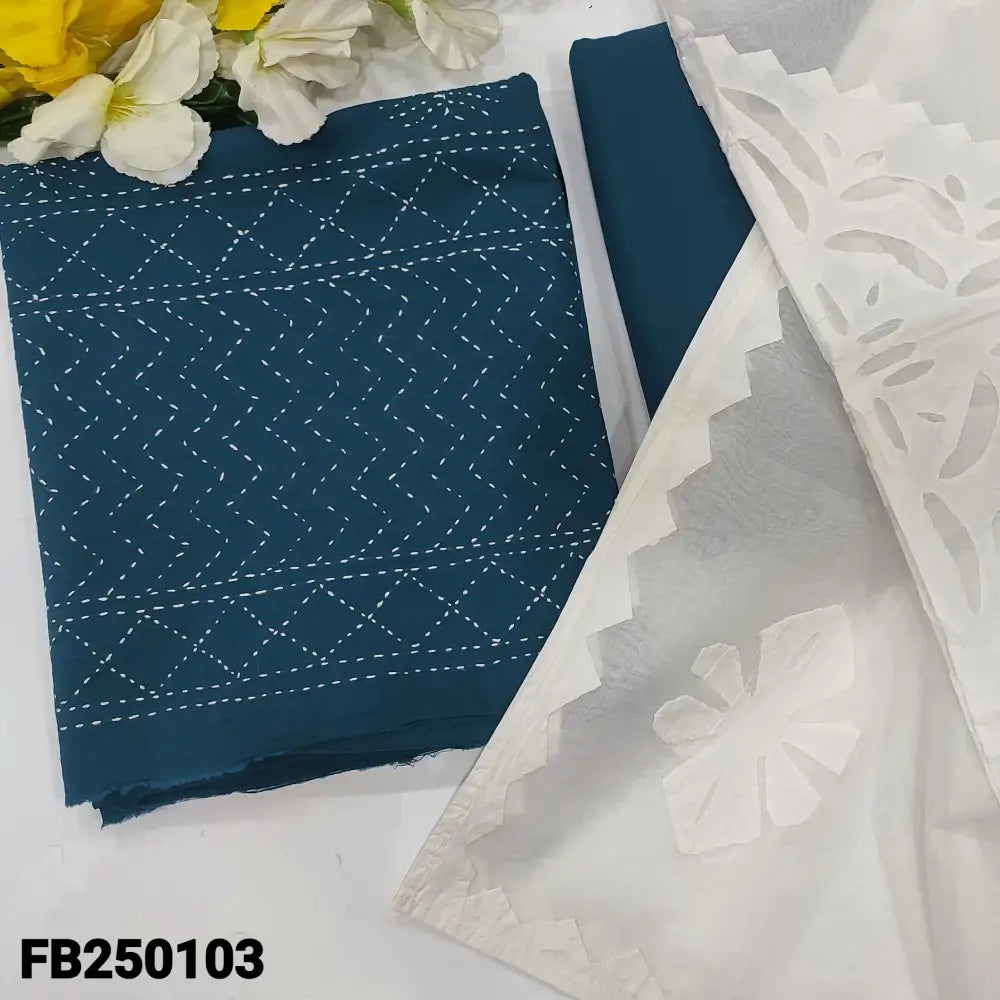 CODE FB250103: Dark blue premium cotton unstitched salwar material hand embroidered on front(soft fabric lining