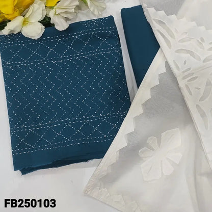 CODE FB250103: Dark blue premium cotton unstitched salwar material hand embroidered on front(soft fabric lining