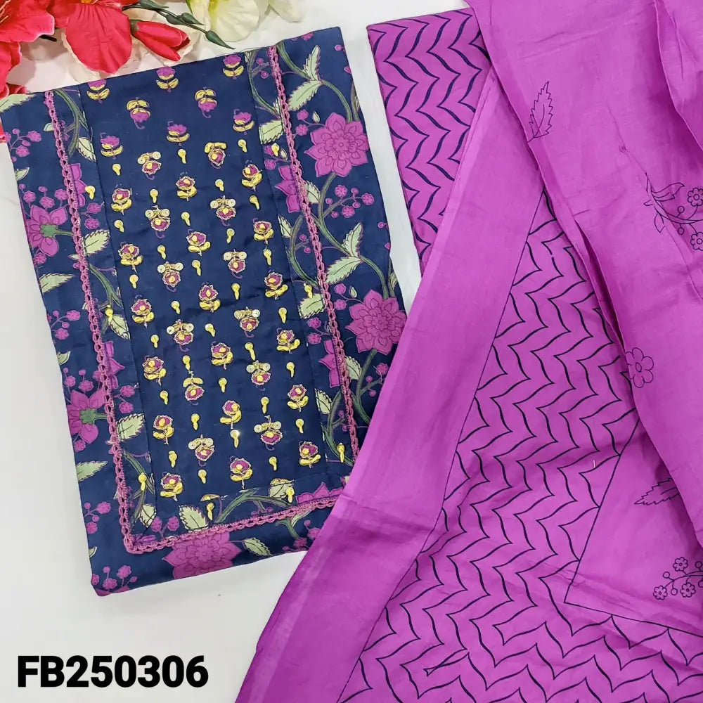 CODE FB250306: Dark blue floral printed pure cotton unstitched salwar material zari& sequins work on yoke(lining