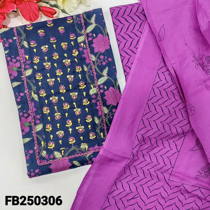 CODE FB250306: Dark blue floral printed pure cotton unstitched salwar material zari& sequins work on yoke(lining
