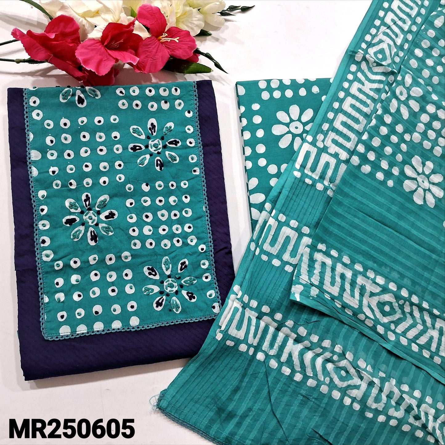Dark Blue Jacquard Cotton Salwar Material - Batik Dyed Set | Neidhal