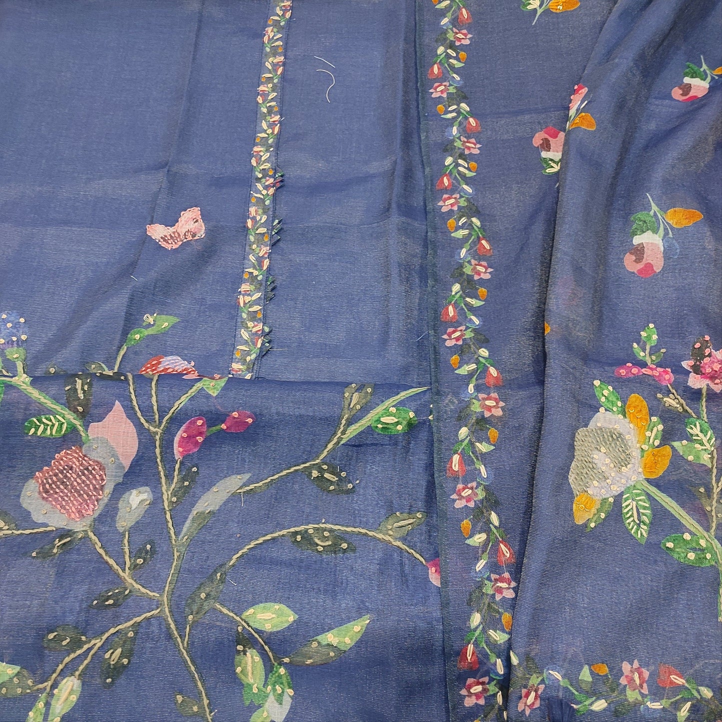 Dark Blue Semi Linen Salwar - Hand Embroidered & Digital Printed