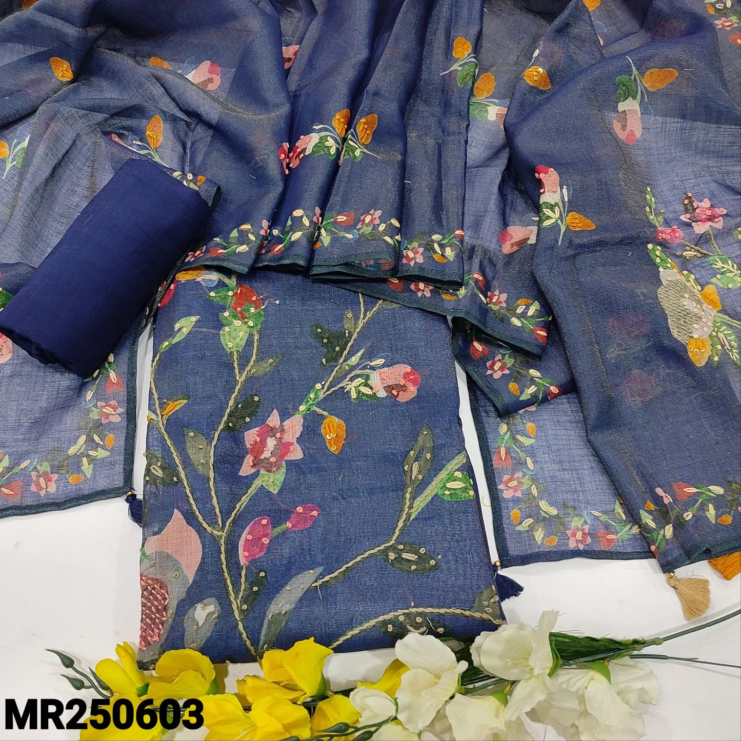 Dark Blue Semi Linen Salwar - Hand Embroidered & Digital Printed