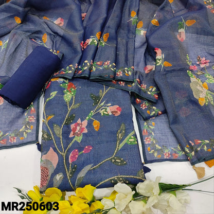 Dark Blue Semi Linen Salwar - Hand Embroidered & Digital Printed