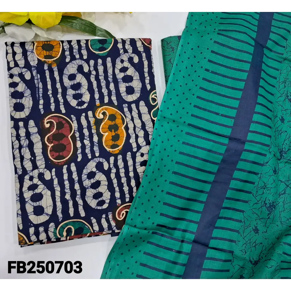 CODE FB250703: Dark blue original wax batik dyed pure cotton unstitched salwar material(lining needed)turquoise green
