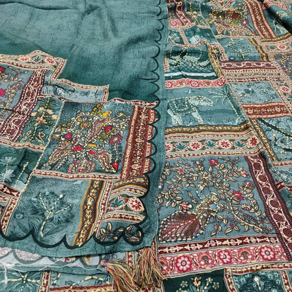 Dark greyish blue abstract printed jakard dola silk unstitched salwar material hand embroidered