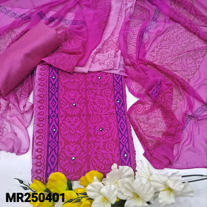 CODE MR250401: Dark &light pink block printed semi georgette unstitched salwar material,(thin lining needed)matching