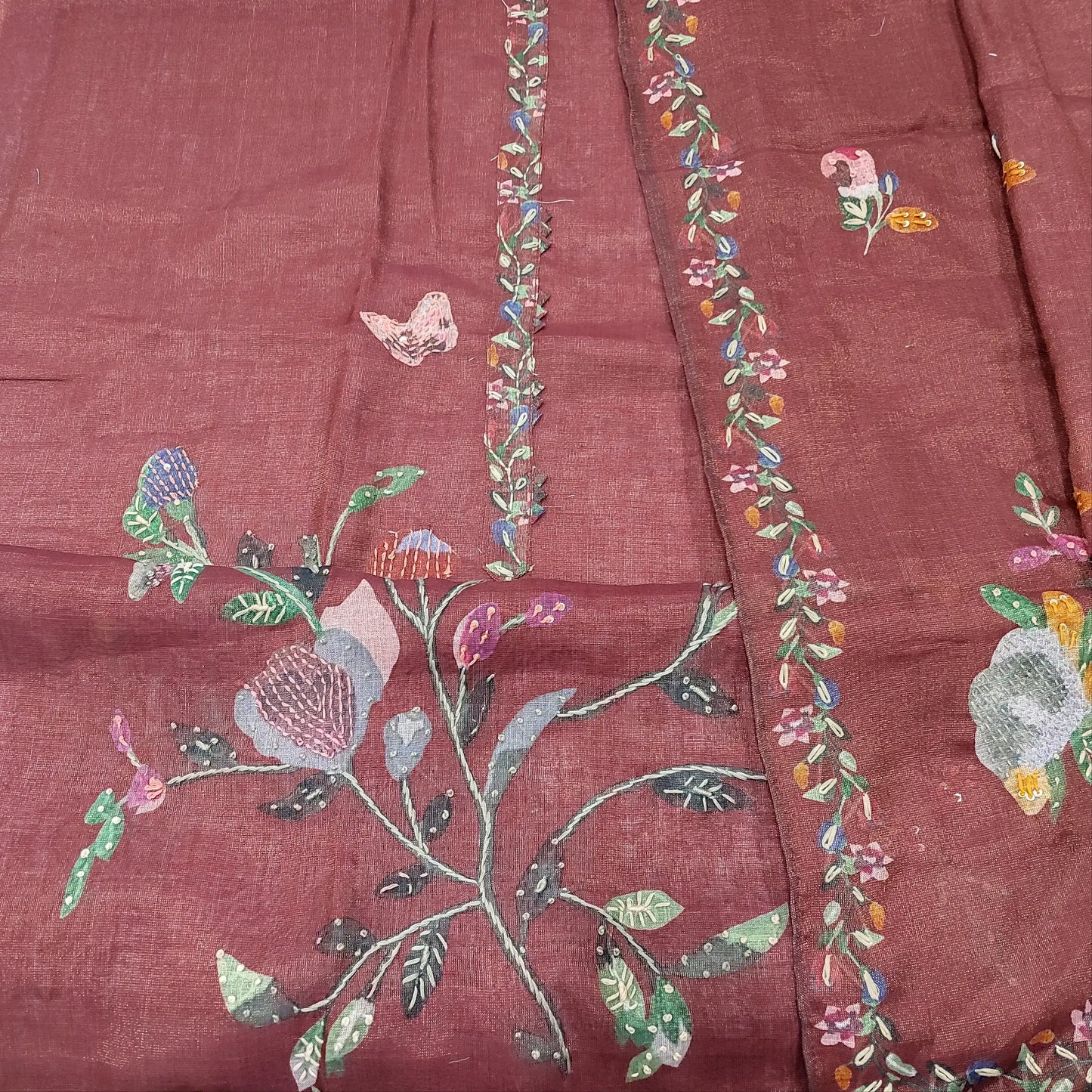 Dark Maroon Embroidered Semi Linen Salwar Material & Digital Printed Set