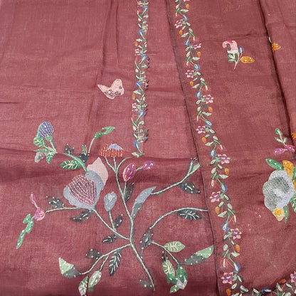 Dark Maroon Embroidered Semi Linen Salwar Material & Digital Printed Set