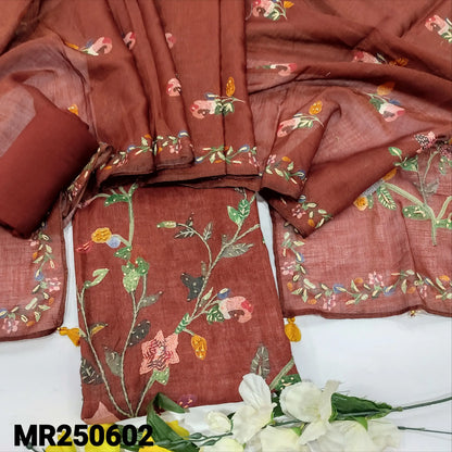 Dark Maroon Embroidered Semi Linen Salwar Material & Digital Printed Set