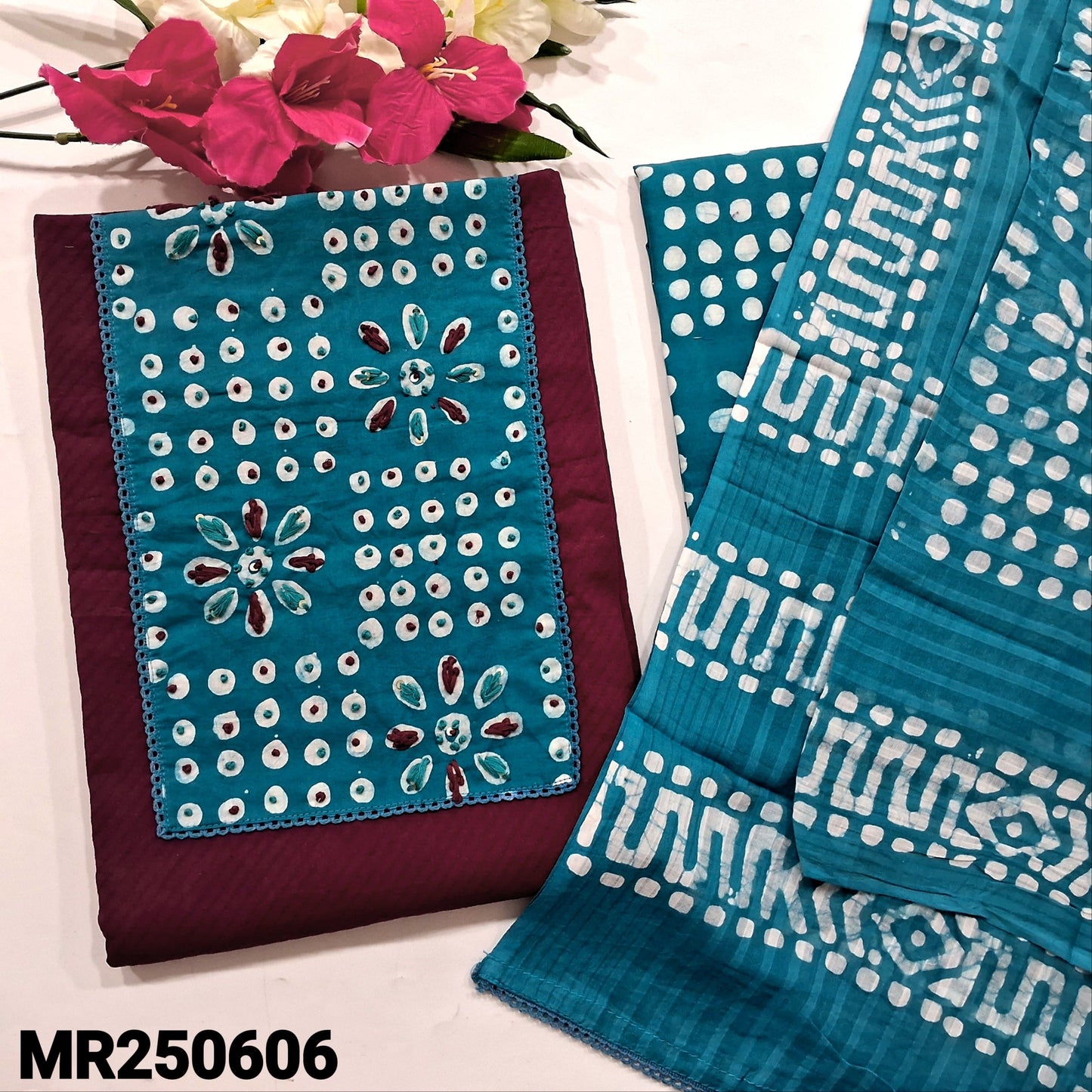 Dark Maroon Jacquard Cotton Salwar Material - Batik Dyed Set | Neidhal