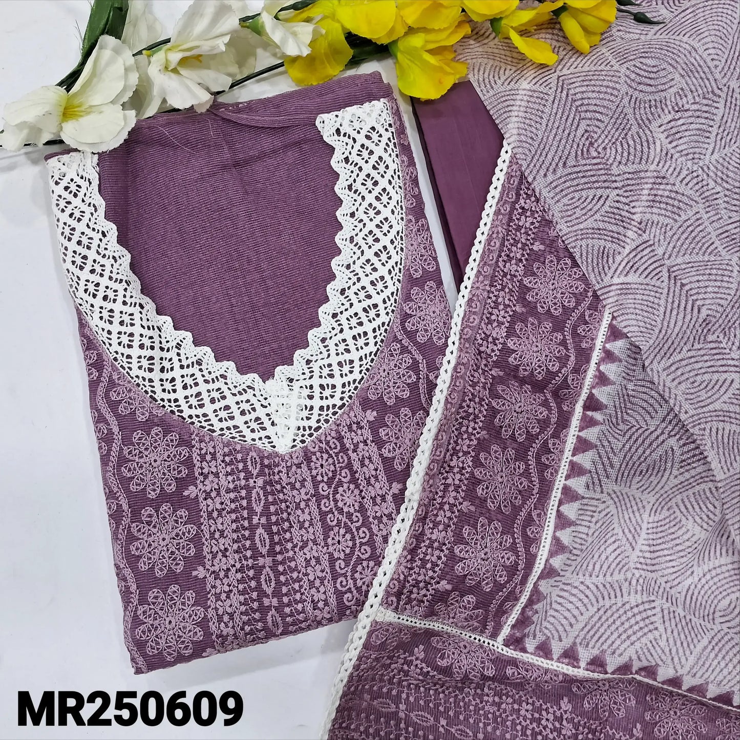 Dark Mauve V-Neck Self-Embroidered Super Net Salwar Set | Neidhal