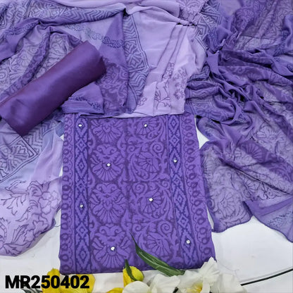 CODE MR250402: Dark purple& lavender block printed semi georgette unstitched salwar material,(thin lining