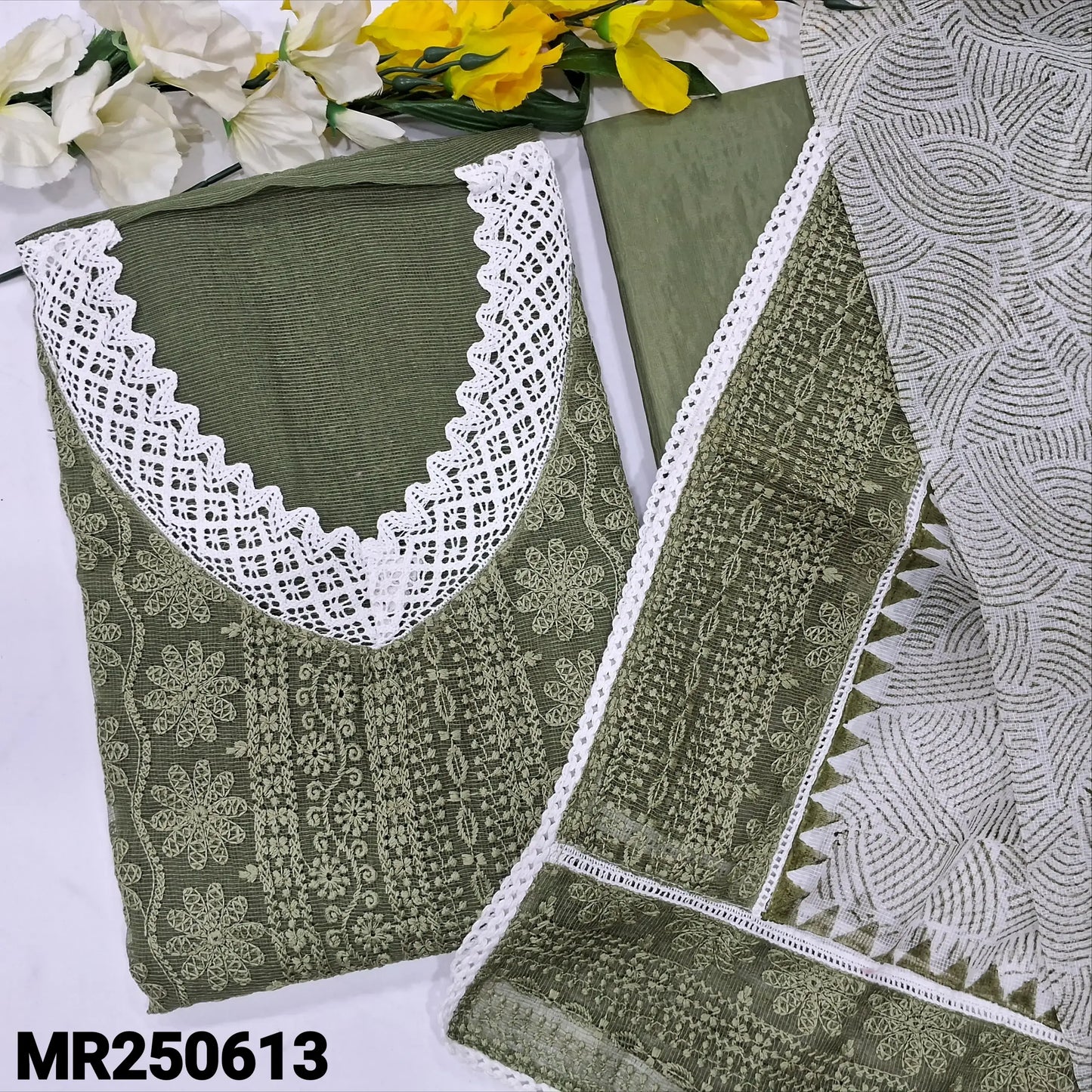 Dark Sage Green V-Neck Self Embroidered Super Net Salwar Material