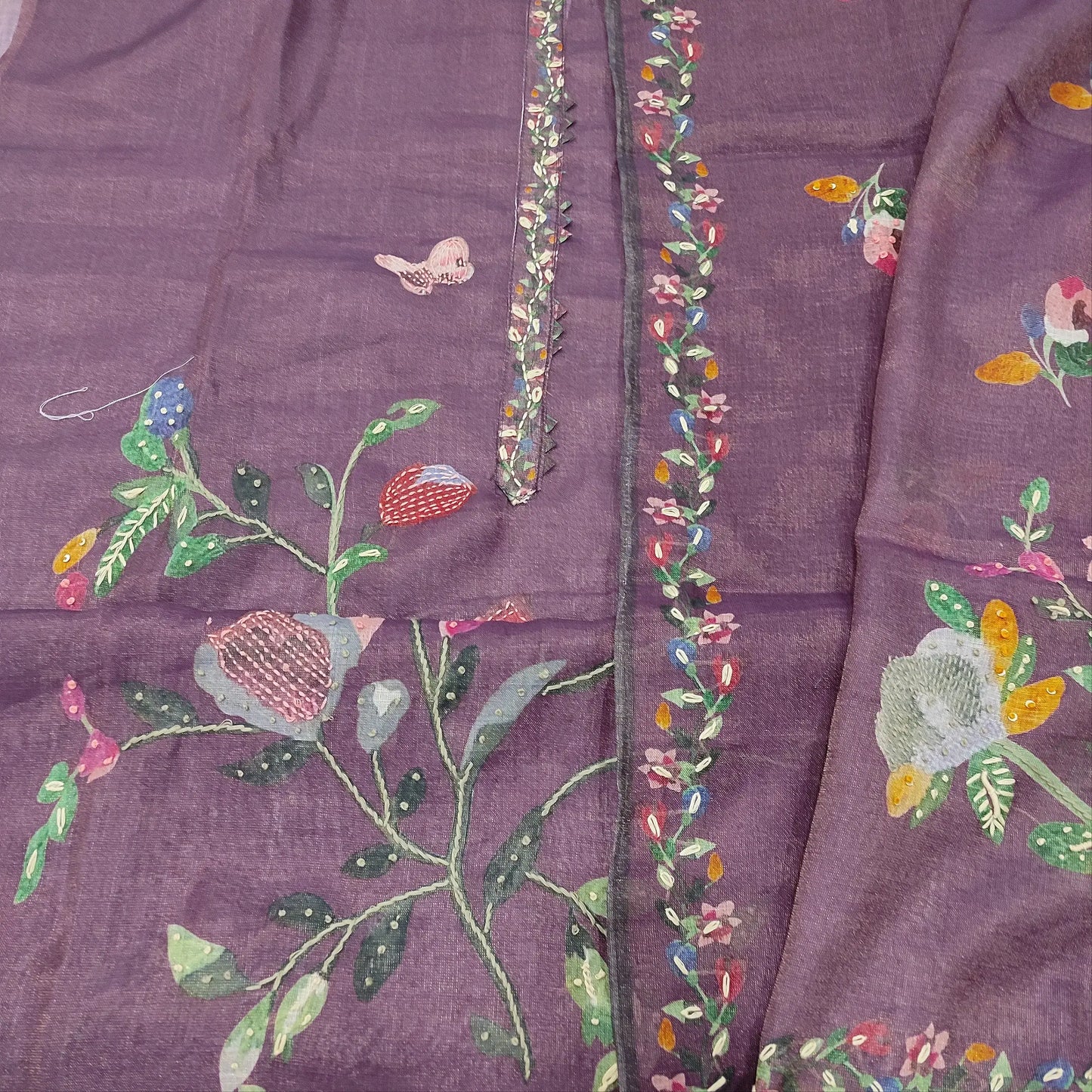 Deep Wine Purple Embroidered Semi Linen Salwar - Tissue Linen Dupatta