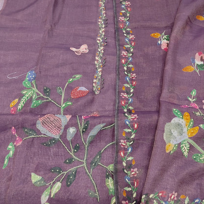 Deep Wine Purple Embroidered Semi Linen Salwar - Tissue Linen Dupatta