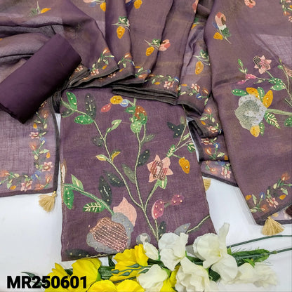 Deep Wine Purple Embroidered Semi Linen Salwar - Tissue Linen Dupatta
