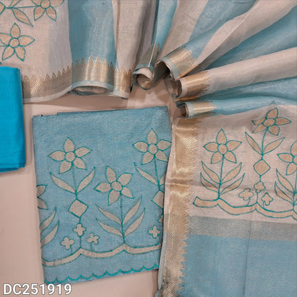 Designer pastel Blue & golden print tissue silk cotton unstitched Salwar Material DC251919– Neidhal