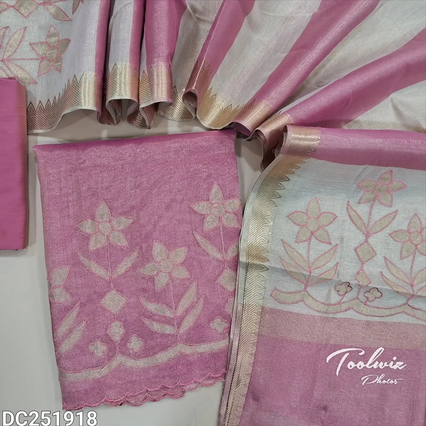 Designer pastel Pink & golden print tissue silk cotton unstitched Salwar Material DC251918– Neidhal
