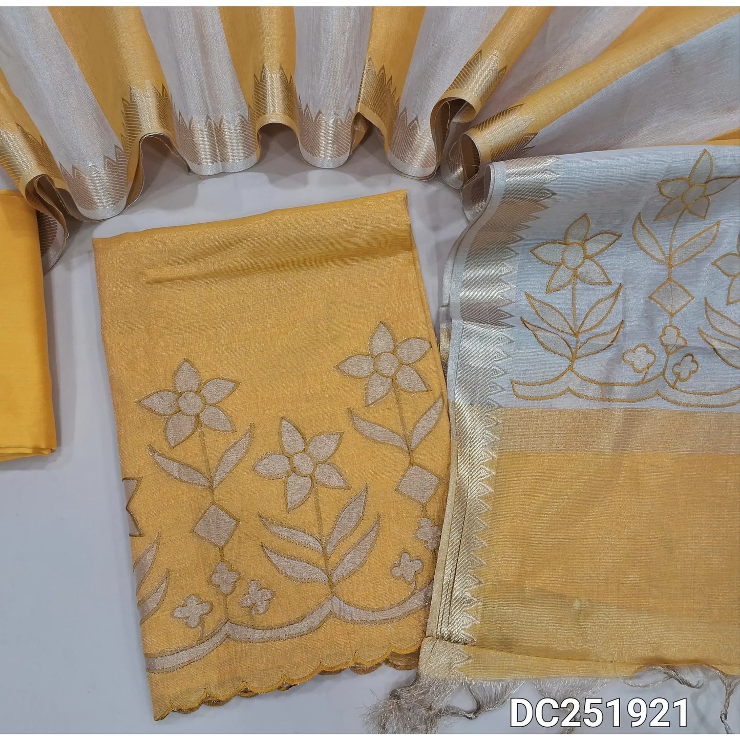 Designer Yellow & golden print tissue silk cotton unstitched Salwar Material DC251921– Neidhal