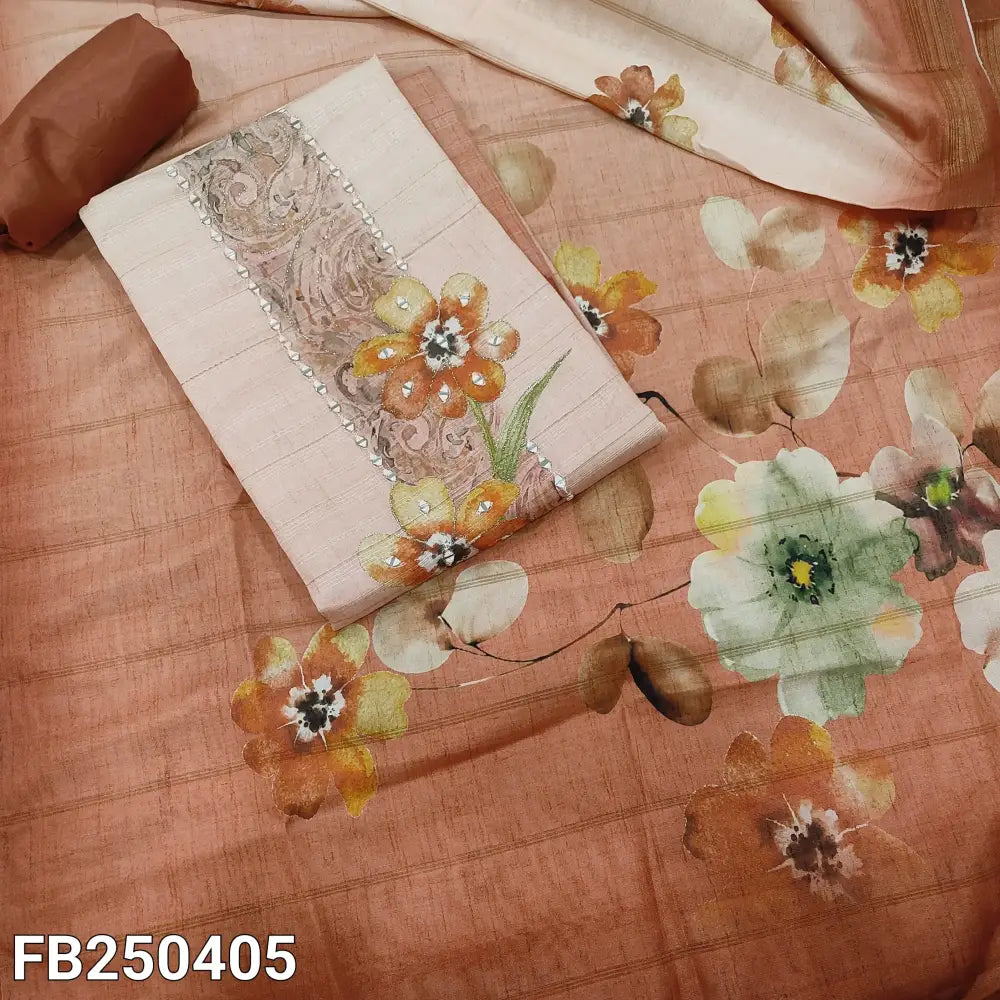 CODE FB250405: Light &dark peach digital printed silk cotton unstitched salwar material thread real mirror& sequins