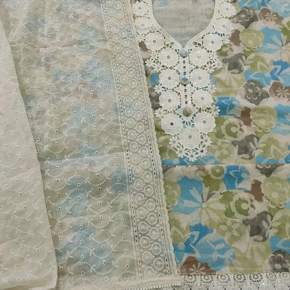 Floral printed pure cotton unstitched salwar material fancy lace& real mirror work on yoke(lining