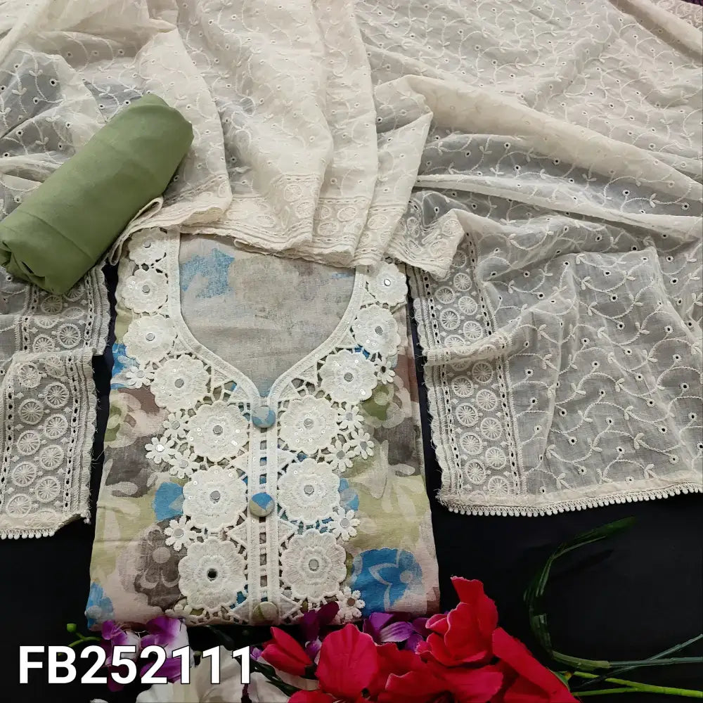 Floral printed pure cotton unstitched salwar material fancy lace& real mirror work on yoke(lining