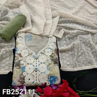 Floral printed pure cotton unstitched salwar material fancy lace& real mirror work on yoke(lining