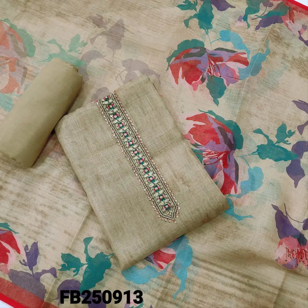 CODE FB250913: Golden beige digital printed tissue linen unstitched salwar material bead& sequins work on yoke&