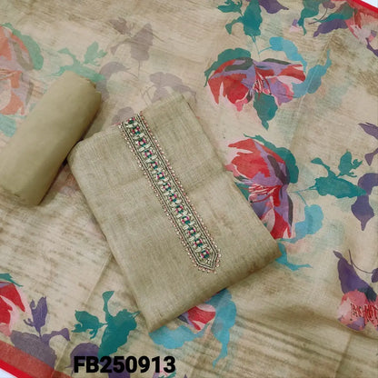 CODE FB250913: Golden beige digital printed tissue linen unstitched salwar material bead& sequins work on yoke&