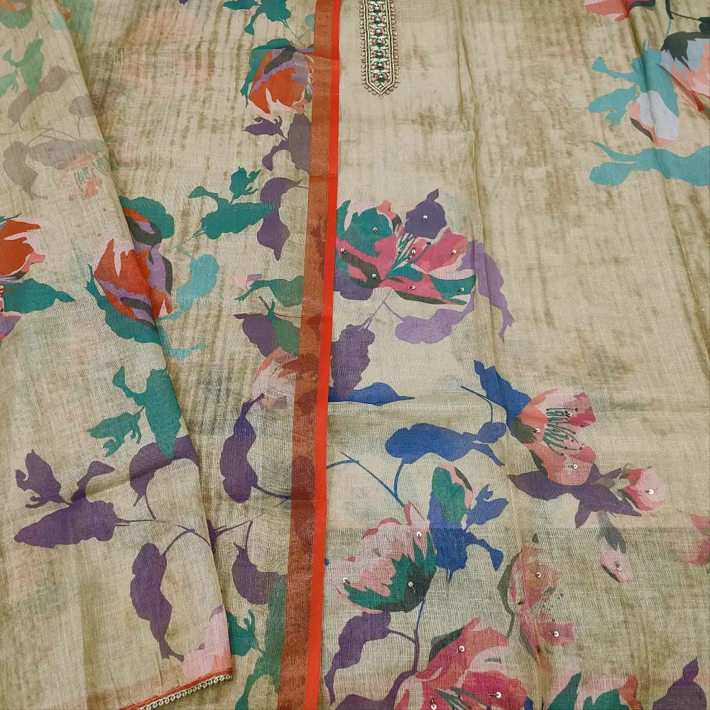 CODE FB250913: Golden beige digital printed tissue linen unstitched salwar material bead& sequins work on yoke&