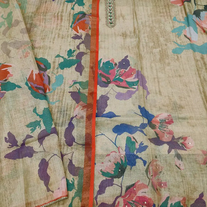 CODE FB250913: Golden beige digital printed tissue linen unstitched salwar material bead& sequins work on yoke&