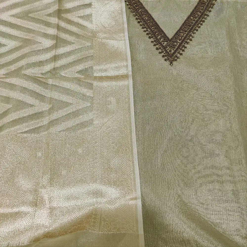Golden beige premium tissue silk cotton salwar material v neck with bead work