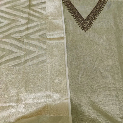 Golden beige premium tissue silk cotton salwar material v neck with bead work
