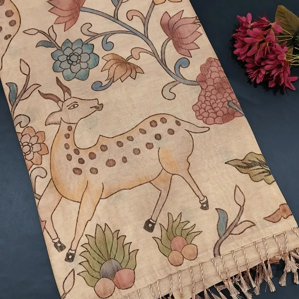 Golden beige printed tissue silk cotton saree ns168-Neidhal