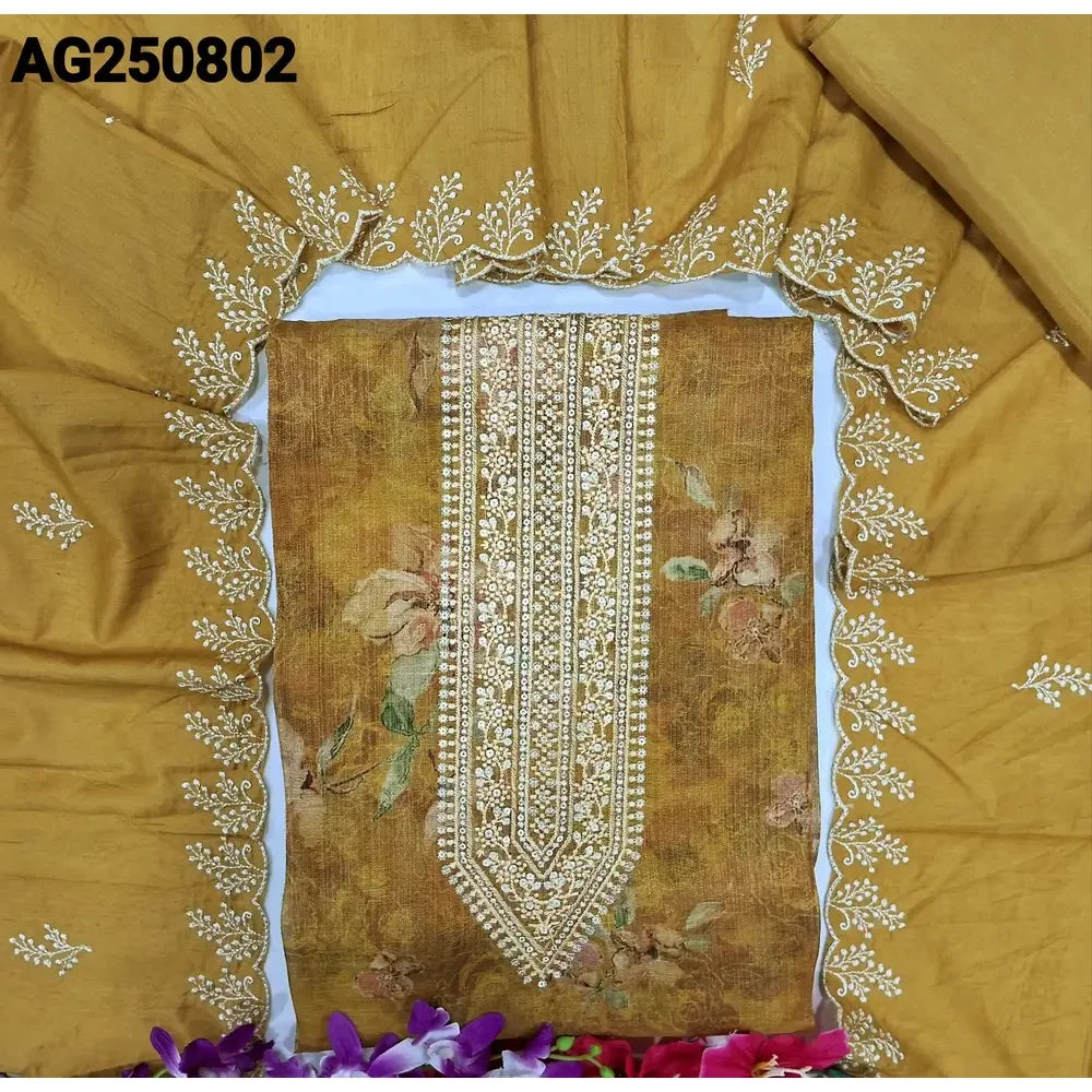Golden yellow floral printed tissue silk cotton salwar material ag250802-Neidhal