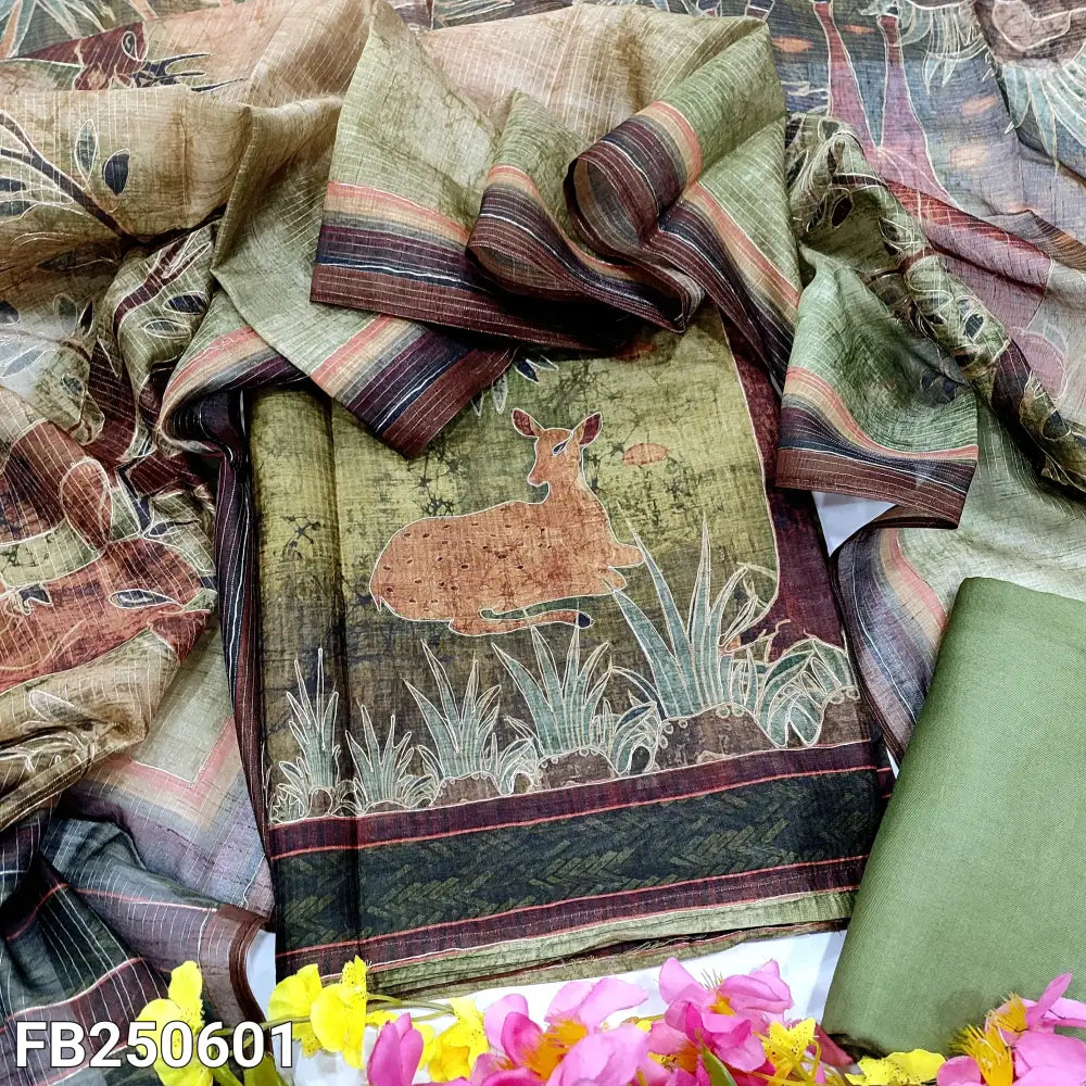 CODE FB250601: Green abstract& digital printed premium silk cotton unstitched salwar material(thin fabric lining