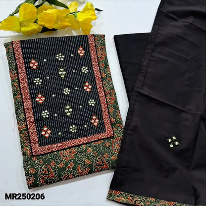 CODE MR250206: Dark green base ajrak block printed pure cotton unstitched salwar material kantha stitch& real mirror