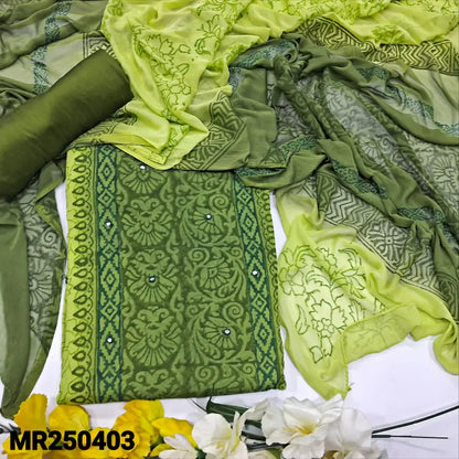 CODE MR250403: Dark &light green block printed semi georgette unstitched salwar material,(thin lining needed)matching