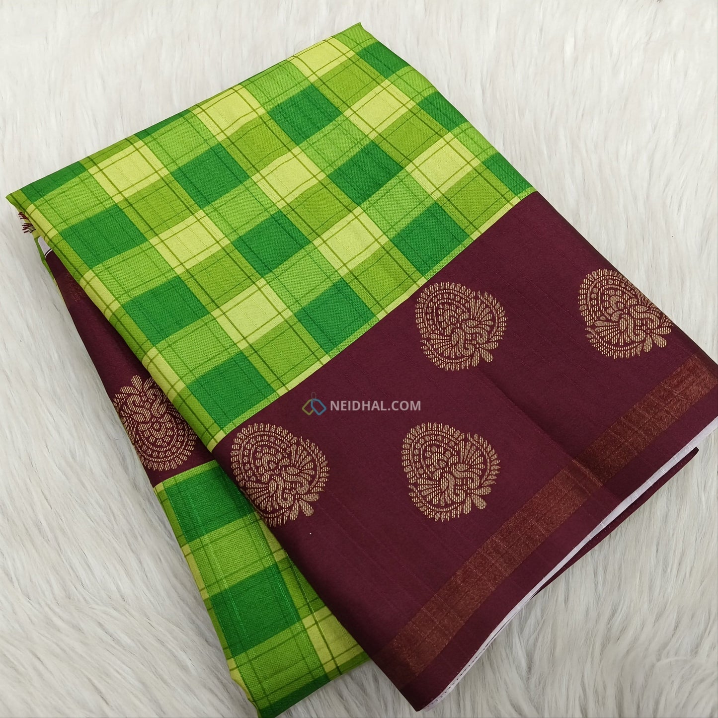 Green checked printed semi chappa silk saree ns37-Neidhal