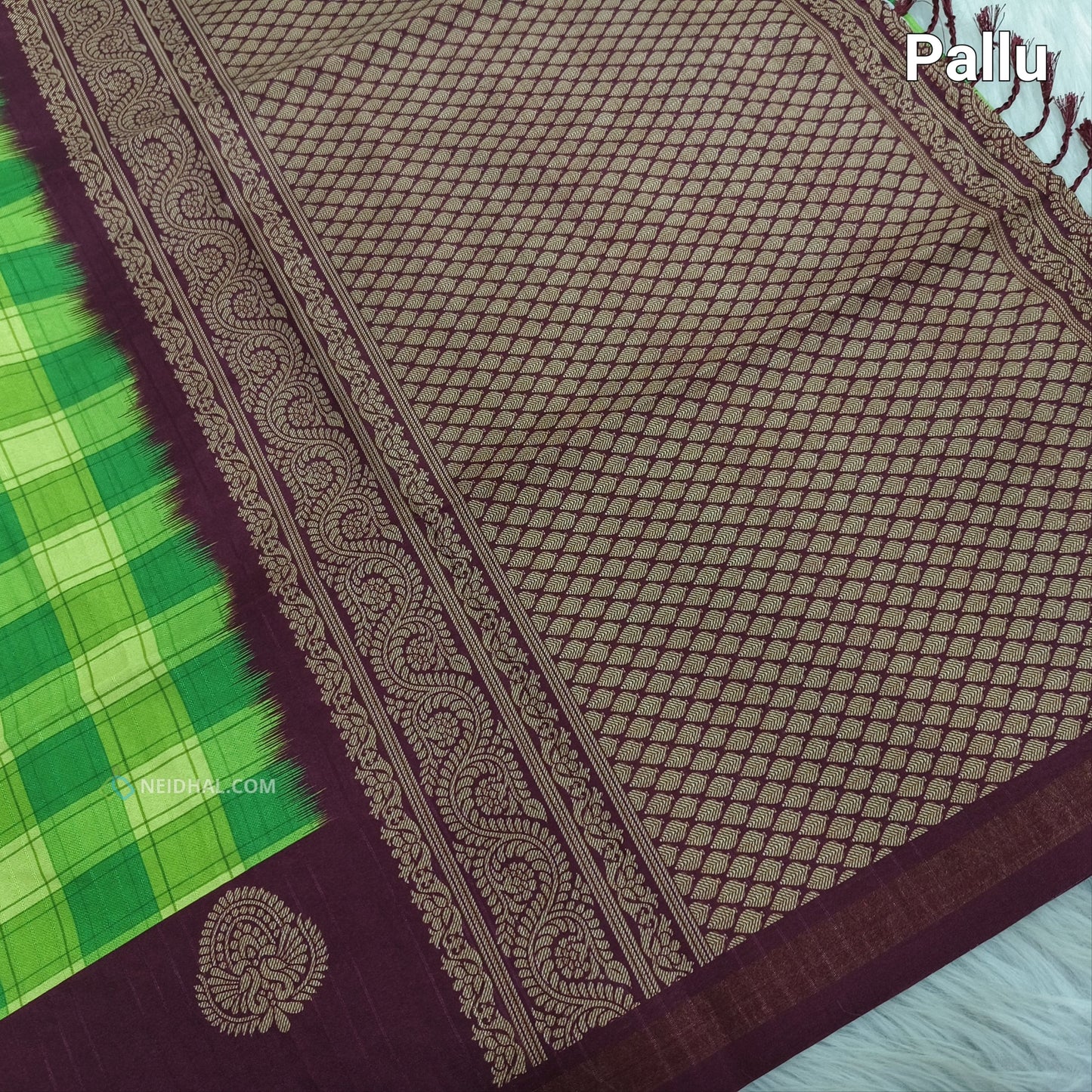 Green checked printed semi chappa silk saree ns37-Neidhal