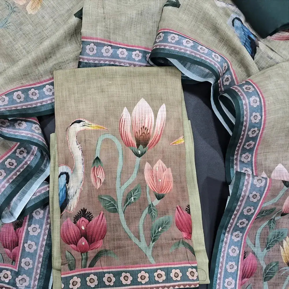 Green digital printed semi linen salwar material jl250520-Neidhal