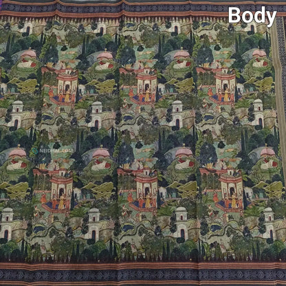 CODE NS19: Green shade digital printed silk cotton saree(thin& light weight)striped pattern pallu zigzag printed blouse