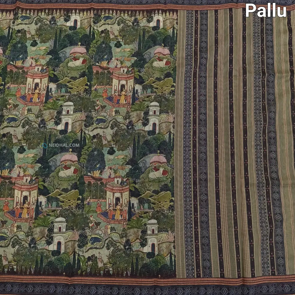 CODE NS19: Green shade digital printed silk cotton saree(thin& light weight)striped pattern pallu zigzag printed blouse