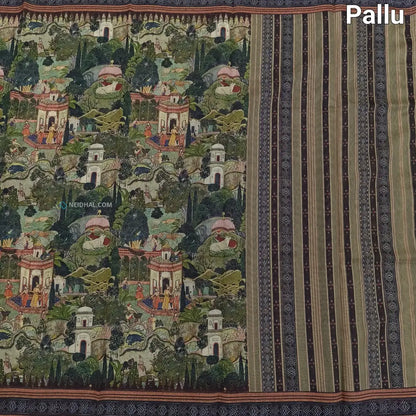 CODE NS19: Green shade digital printed silk cotton saree(thin& light weight)striped pattern pallu zigzag printed blouse